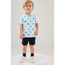 % 100 Pamuklu Mavi Polo Yaka Kısa Kollu Şortlu Alt Üst Takım