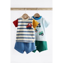 % 100 Pamuklu Mavi Traktör Desenli Kısa Kollu Şortlu 2’li Alt Üst Takım