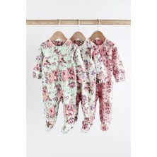 Pamuklu Pembe Çiçek Desenli Fermuarlı 3’lü Tulum Set