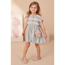 % 100 Pamuklu Mavi Çiçek Detaylı Elbise