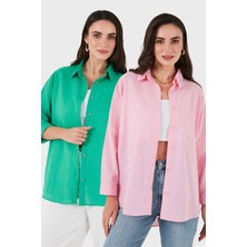 Sd Luxury Pamuk Karışımlı Oversize Fit Uzun Kollu 2'li Paket Gömlek Bayan Gömlek 6781001S2