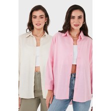 Sd Luxury Pamuk Karışımlı Oversize Fit Uzun Kollu 2'li Paket Gömlek Bayan Gömlek 6781001S2