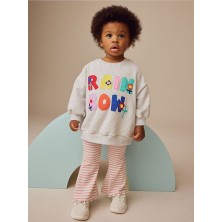 Pamuklu Gri Pembe Baskılı Uzun Kollu Sweatshirt Tayt Alt Üst Takım