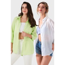 Sd Luxury Pamuk Karışımlı Oversize Fit Uzun Kollu 2'li Paket Gömlek Bayan Gömlek 6781001S2