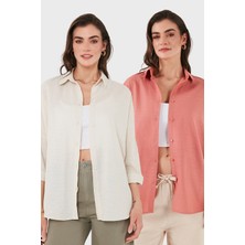 Sd Luxury Pamuk Karışımlı Oversize Fit Uzun Kollu 2'li Paket Gömlek Bayan Gömlek 6781001S2