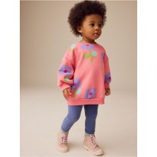 Pamuklu  Pembe Çiçek Baskılı Uzun Kollu Sweatshirt Tayt Alt Üst Takım