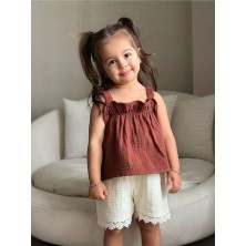 Little Twins Pamuklu Krem Kahve Askılı Müslin Alt Üst Takım