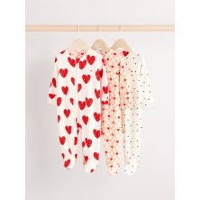 %100 Pamuklu Beyaz Kırmızı Kalp Desenli 3'lü Tulum Set