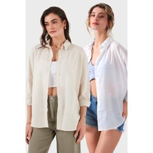 Sd Luxury Pamuk Karışımlı Oversize Fit Uzun Kollu 2'li Paket Gömlek Bayan Gömlek 6781001S2