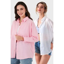 Sd Luxury Pamuk Karışımlı Oversize Fit Uzun Kollu 2'li Paket Gömlek Bayan Gömlek 6781001S2