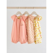 %100 Pamuklu Pembe Sarı Çiçek Desenli 3'lü Romper Set