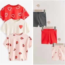 Pamuklu Kırmızı Kalp Desenli Kısa Kollu Taytlı 3'lü Alt Üst Takım