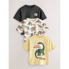 % 100 Pamuklu Sarı Dinozor Desenli Kısa Kollu 3'lü Thsirt Set