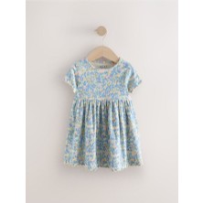 % 100 Pamuklu Mavi Kısa Kollu Çiçek Desenli Kısa Kollu Elbise