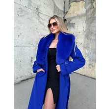 Saks Mavi Yaka Kürk Kaşe Kaban