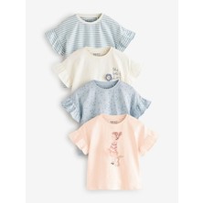 Pamuklu Kısa Kollu Krem Mavi Baskılı 4'lü Thsirt Set