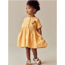 % 100 Pamuklu Sarı Ekoseli Çiçek Desenli Kısa Kollu Elbise