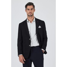 Siyah Mono Yaka Gofreli  Esnek 6 Drop Slim Fit Casual  Ceket 1002250125
