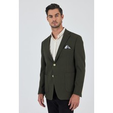 Koyu Haki Mono Yaka Gofreli  Esnek 6 Drop Slim Fit Casual  Ceket 1002250126