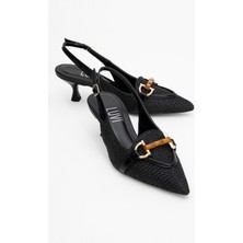 Luvi Osca Siyah Hasır Tokalı Sivri Burun Kadın Topuklu Ayakkabı