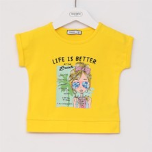 Kız Çocuk O Yaka Kısa Kol Yazlık Tişört  - (3 Yaş-8 Yaş) - 31085 - Sarı