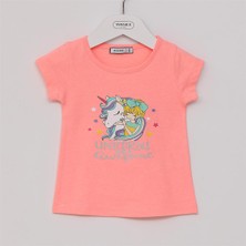 Kız Çocuk O Yaka Kısa Kol Yazlık Tişört  - (2 Yaş-7 Yaş) - 32225 - Neon Pembe