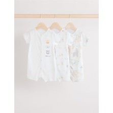 %100 Pamuklu Beyaz Animal Desenli 3'lü Romper Set