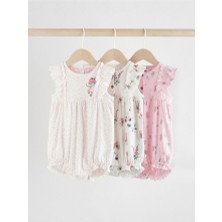 %100 Pamuklu Pembe Krem Çiçek Desenli 3'lü Romper Set