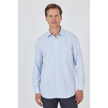 Beyaz-Mavi Uzun Kol Çizgili Desen Bez Ayağı Sert Yaka cepli Pamuklu Classic Comfort Fit Gömlek 1004250179