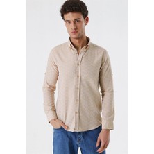 İmza Bej Kısalabilir Kollu Desenli JakarlıCepsiz %100 Pamuk Casual Slim Fit Gömlek 1004230181