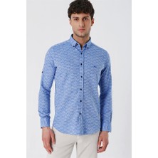 İmza Mavi Kısalabilir Kollu Desenli JakarlıCepsiz %100 Pamuk Casual Slim Fit Gömlek 1004230181