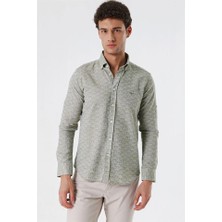 İmza Koyu Haki Kısalabilir Kollu Desenli Jakarlıcepsiz %100 Pamuk Casual Slim Fit Gömlek 1004230181