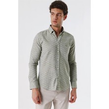 İmza Koyu Haki Kısalabilir Kollu Desenli Jakarlıcepsiz %100 Pamuk Casual Slim Fit Gömlek 1004230181