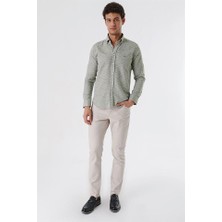 İmza Koyu Haki Kısalabilir Kollu Desenli Jakarlıcepsiz %100 Pamuk Casual Slim Fit Gömlek 1004230181