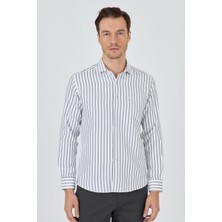 Siyah Yarım Italyan Yaka Çizgili Desen Casual Slim Fit Gömlek 1004250216