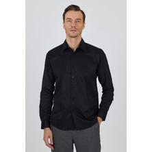Siyah Sert Yaka Düz Classic Pamuklu Slim Fit Gömlek 1004250900