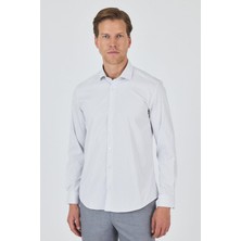 Uzun Kol Çizgili Desen Bez Ayağı Sert Yaka Cepsiz Esnek Classic Slim Fit Gömlek 1004250159