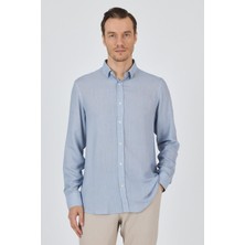 Koyu Mavi Uzun Kol Baskılı Cepsiz Keten Casual Slim Fit Gömlek 1004250112