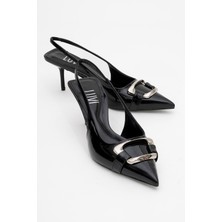 Lustre Siyah Rugan Tokalı Sivri Burun Kadın Topuklu Ayakkabı