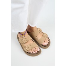 Manijero Lavanda Kadın  Deri Çift Tokalı Kum Terlik