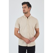 Bej Kısa Kol Düz Örme Düğmeli Yaka Cepsiz Pamuklu Classic Slim Fit Gömlek 1004250155_591