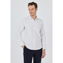 Açık Bej Yarım Italyan Yaka Çizgili Desen Casual Slim Fit Gömlek 1004250216