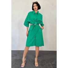 Nidam Butik Yeşil Kısa Kollu Keten Gömlek ve Şort Takım