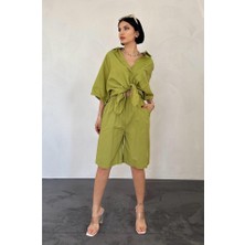 Nidam Butik Yağ Yeşili Kısa Kollu Keten Gömlek ve Şort Takım