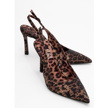 Luvi Roya Siyah Sarı Desenli Saten Taşlı Sivri Burun Kadın Topuklu Ayakkabı