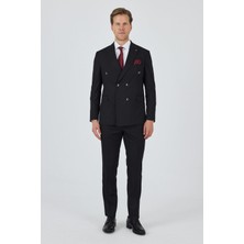 Siyah Kılıç Yaka Çizgili Desen Kruvaze Classic Esnek Slim Fit Takım Elbise 1001250173