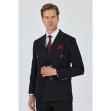 Siyah Kılıç Yaka Çizgili Desen Kruvaze Classic Esnek Slim Fit Takım Elbise 1001250173