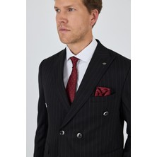 Siyah Kılıç Yaka Çizgili Desen Kruvaze Classic Esnek Slim Fit Takım Elbise 1001250173