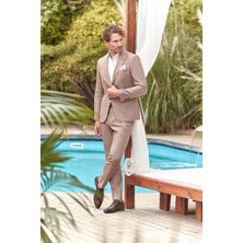 İmza Kahverengi Kırlangıç Yaka Pamuklu Keten 6 Drop Slim Fit Dar Kesim Klasik Takım Elbise 1001240103
