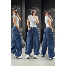 Köstebek Lacivert Kanguru Cepli Salaş Baggy Kot Pantolon Kadın Normal Bel Denim Kumaş